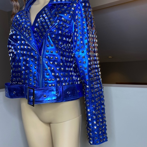 Royal Blue Studded Leather Jacket - Picture 5 of 15